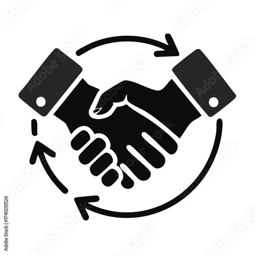 Vector Handshake Icon with Circular Arrows Representing Business Agreement and Cooperation