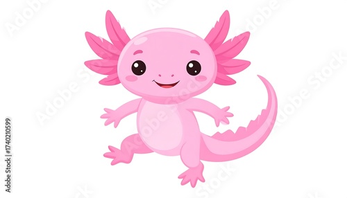 Charming Cartoon Illustration of a Cute Pink Axolotl Smiling and Jumping