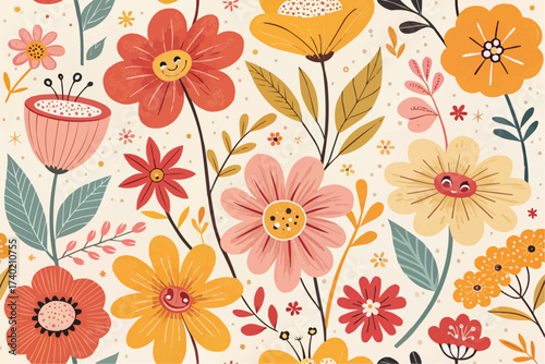 Illustration showing a dense arrangement of colorful flowers and foliage on a light background surface