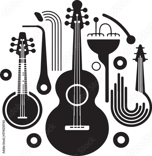 Stylized musical instruments arrangement art graphic design for music lovers and concert promotion