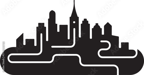 Imaginary cityscape silhouette with flowing lines representing urban life and connectivity