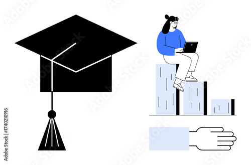 Woman sitting on progress bars with a laptop, graduation cap symbolizing education, and a hand conveying guidance. Ideal for e-learning, education, mentorship, goal setting, personal growth, career