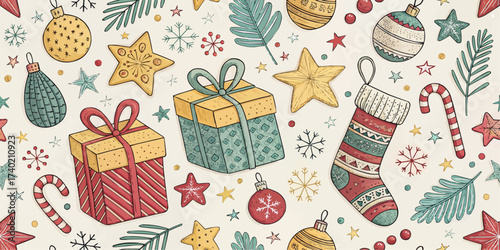 A christmas themed pattern with gifts ornaments snowflakes stars and candy canes on a light background