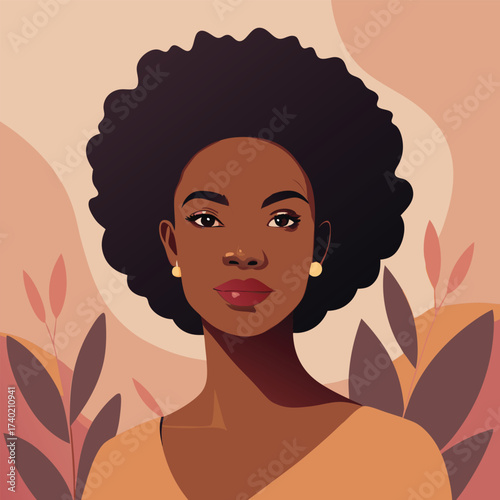 Portrait of a beautiful young black woman with afro hair and elegant features, set against a backdrop of abstract floral elements