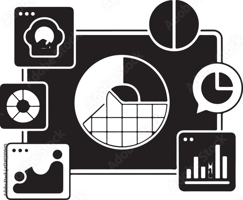 Modern tech dashboard elements floating with graphs charts and data analysis icons