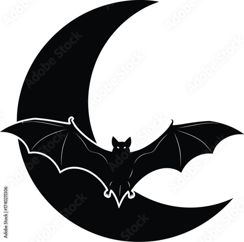 Silhouette of a bat flying in front of a crescent moon