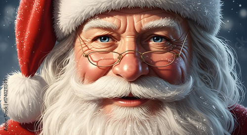 Close-up portrait of Santa Claus with a kind expression and twinkling blue eyes.