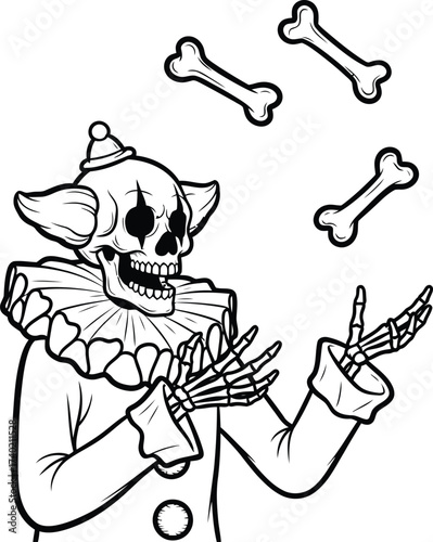 Creepy clown skeleton juggling bones in black and white art