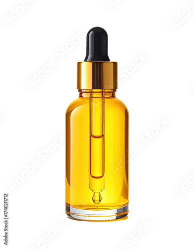 Amber glass dropper bottle filled with golden liquid.  Gold-toned cap and dropper.  Clean, simple design