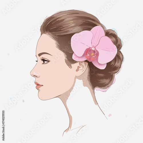 Elegant woman with pink orchid in her hair, a beautiful side profile illustration isolated on white background for beauty concept