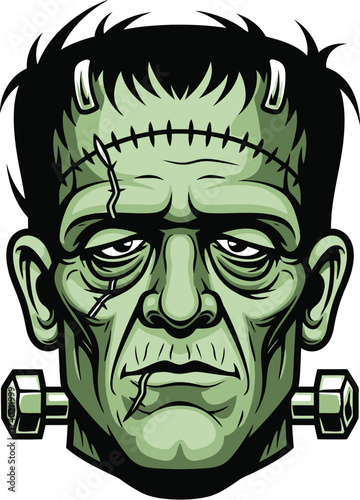 Frankenstein's monster head with bolts and green skin tone