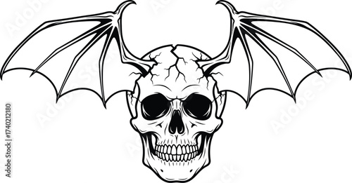 Skull with bat wings illustration in black and white art