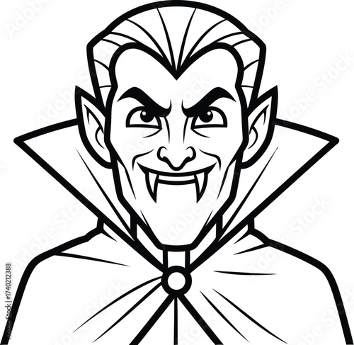 Cartoon vampire with fangs and cape in black and white