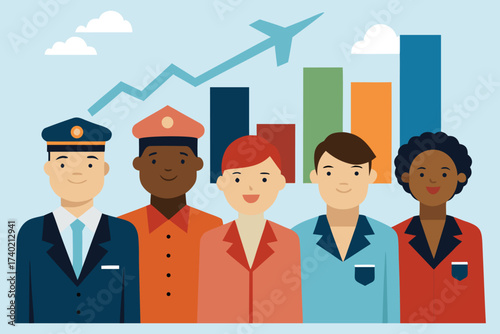 Diverse Customs Officers with Economic Graph Vector Illustration
