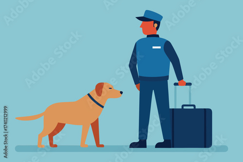 Customs Officer and Sniffer Dog Luggage Inspection Vector