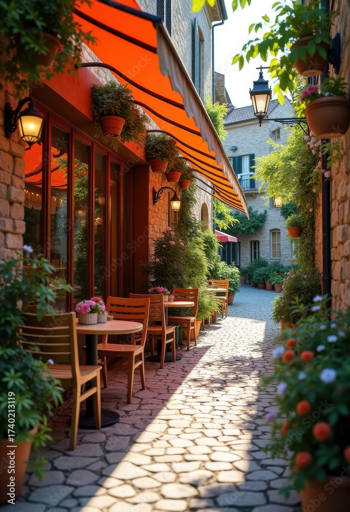 Obraz premium Charming European Village Cafe with Warm Atmosphere and Rustic Design