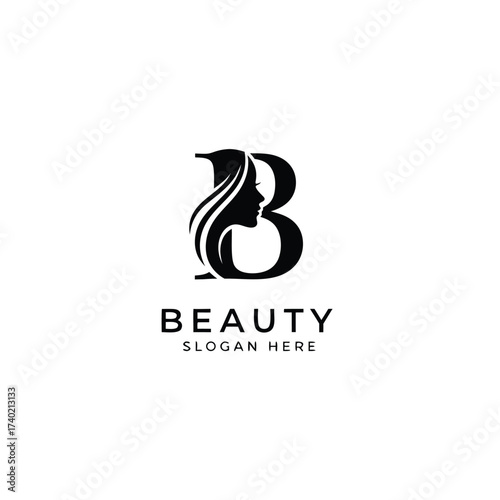 Chic beauty logo featuring a womans profile integrated into the letter b, isolated on white background