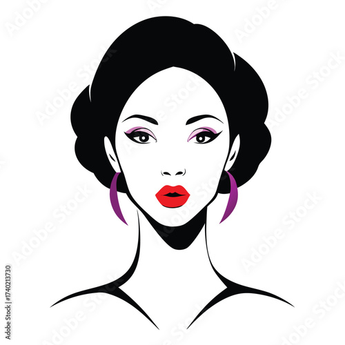 Elegant woman portrait isolated on white background, showcasing bold makeup and stylish earrings for a modern, chic aesthetic