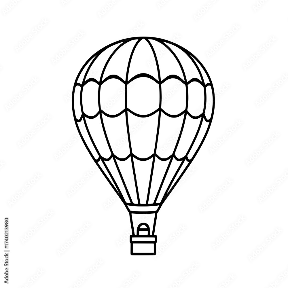 Naklejka premium Detailed Black Outline Icon of a Hot Air Balloon with Scalloped Segments and a Basket, Centered on a Clean White Background