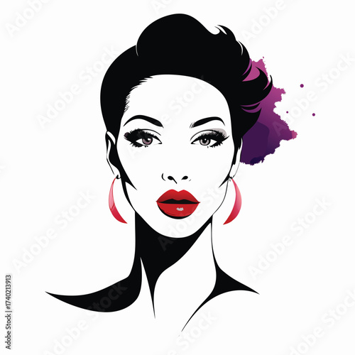Charming woman with vibrant makeup isolated on white background, showcasing bold lips and stylish earrings for a modern aesthetic