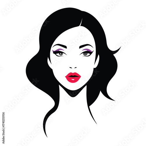 Stylish woman with bold makeup isolated on white background, featuring vibrant lips and eyes for a modern and fashionable look