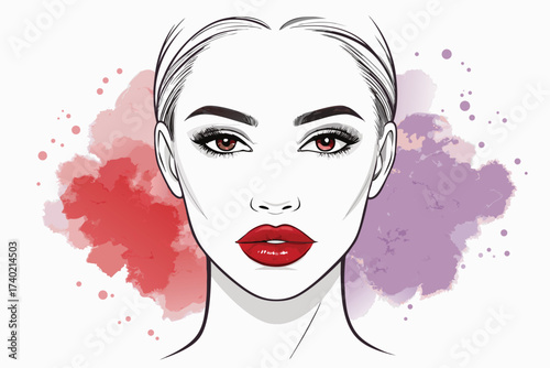 Beautiful woman face with bright makeup isolated on white background, fashion illustration for beauty salon or visage artist