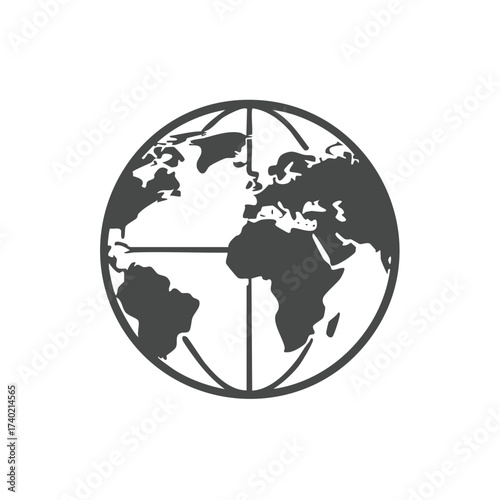 Stylized Earth globe icon with world map continents and meridian lines vector graphic