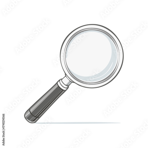 Illustration of a magnifying glass with a silver frame and black handle on a clean white surface symbolizing investigation
