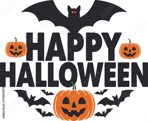 Happy halloween text with pumpkins and bats illustration on white background