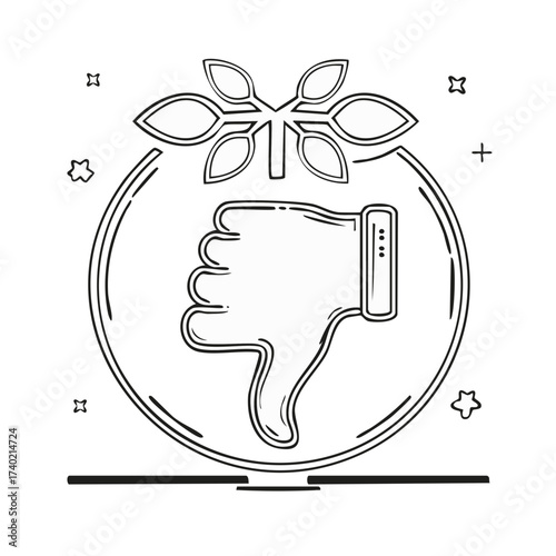 Hand with thumbs down inside a circle with leaves and stars symbolizing negative feedback or disapproval