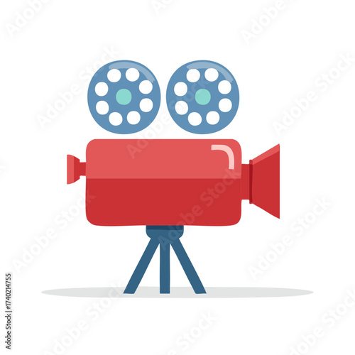 Cartoon Style Film Camera with Reels on a Stand for Movie Recording Illustration