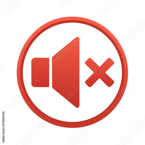 Red Mute Button Icon with X. Sound Off Volume Control Symbol in Circle.