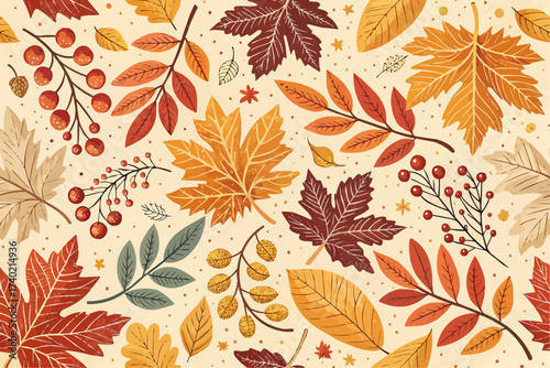 A beautiful autumn themed background with colorful leaves and berries scattered across a light beige surface