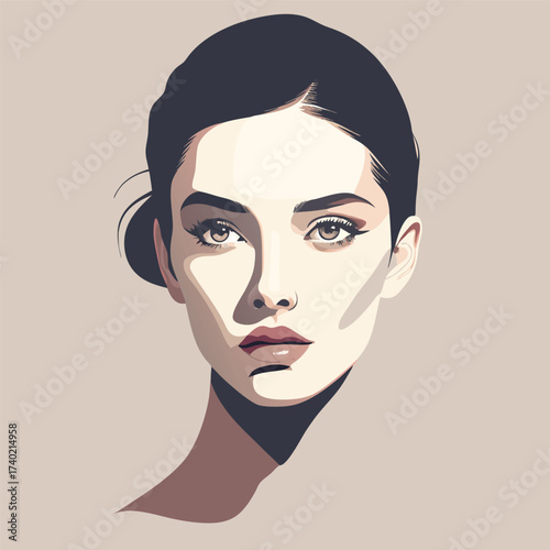 Elegant portrait of a beautiful young woman with dark hair looking at the camera with a neutral expression on a beige background