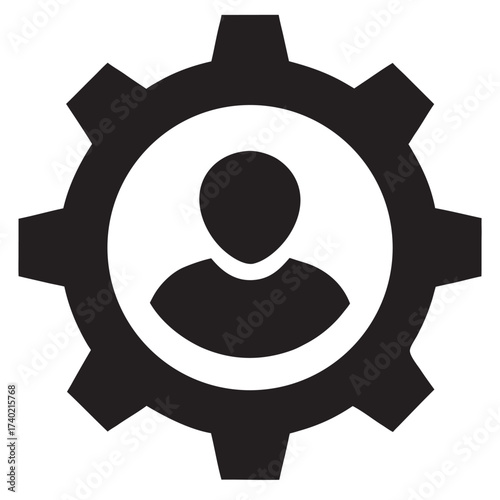 Gear icon vector male user person profile avatar symbol on cog wheel for settings and configuration sign