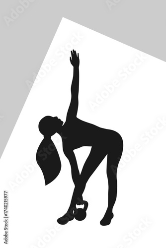 A faceless fitness woman performs a side stretch while holding a kettlebell.