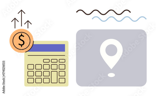 Calculator with dollar sign, upward arrows, location pointer, wavy lines. Ideal for finance, business planning, growth, market analysis tracking logistics representation of strategy. Simple flat