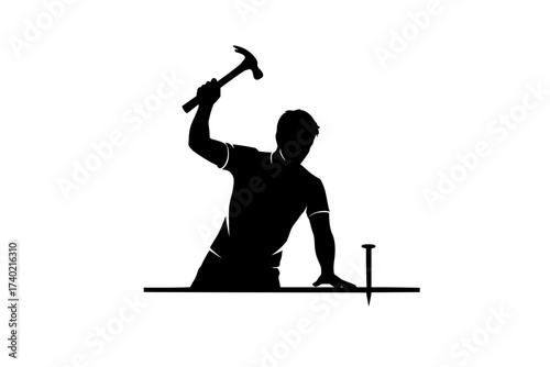 Black Vector Silhouette: Person Working with a Hammer and Nail	