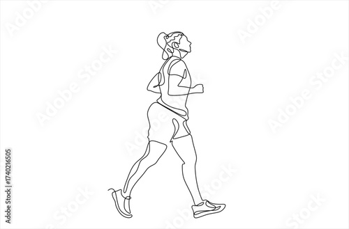 Overweight woman doing sports, running one line art. Continuous line drawing of body positive, overweight,Hand drawn one line vector. Editable stroke	