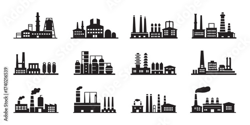 manufacturing plant icons 12 scalable black vector silhouettes for web ui maps and print ai eps png jpeg
