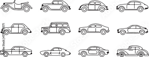 set of 12 line art car silhouettes showing evolution of automobile design side profile for transport projects