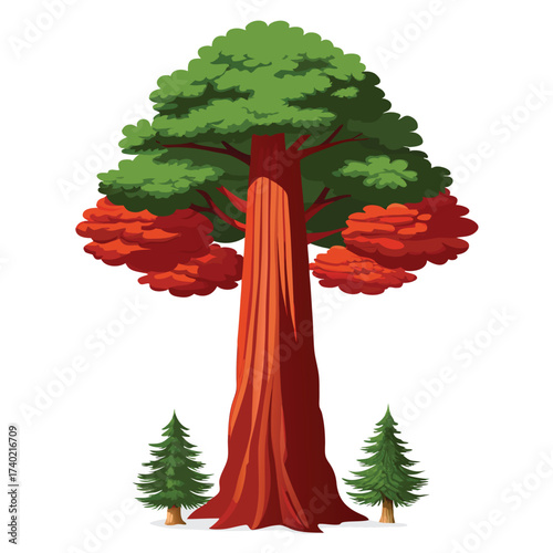 Juvenile giant sequoia with its classic conical shape and thick, fibrous reddish-brown bark, representing the early stage of a colossal tree.