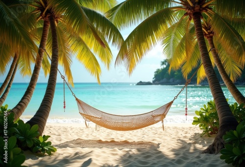 Serene Beach Hammock Swaying Under Palm Shadows Tropical Paradise Relaxation Retreat