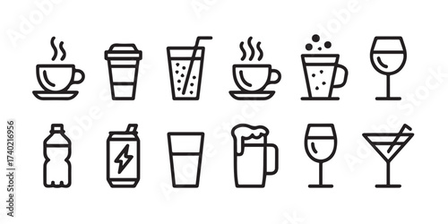 cafe and beverage icon collection halal friendly coffee cup disposable bottle straw minimal vector set