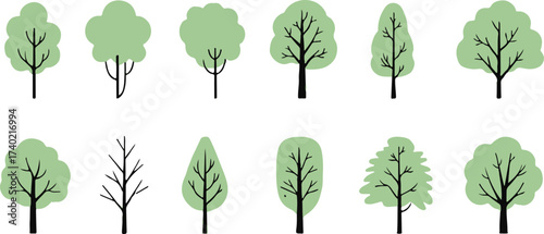 ten minimalist tree illustrations rounded conifer deciduous vector pack seamless editable ai eps png jpeg