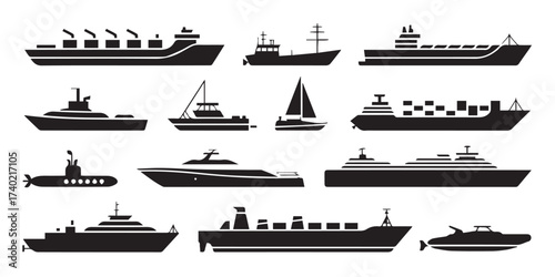 marine vessel silhouettes collection container ship cruise liner submarine yacht boat vector ai eps png