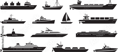 assorted ship silhouettes vector pack cruise ferry yacht cargo vessel patrol boat submarine illustration