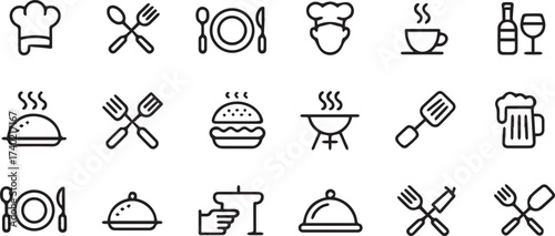 minimal culinary icon grid 16 black line symbols cooking dining restaurant vector eps ai png