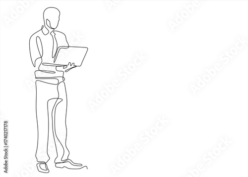 Continuous line drawing of businessman using laptop for presentation, business communication and modern technology. Editable stroke.Hand drawn.Editable	