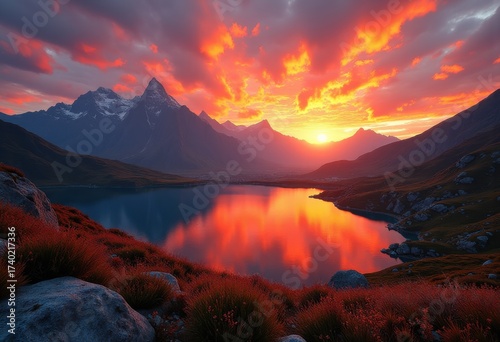 Stunning Mountain Landscape at Sunset with Fiery Sky and Reflections in Calm Water